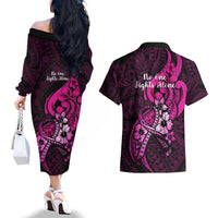 Polynesia Breast Cancer Awareness Couples Matching Off The Shoulder Long Sleeve Dress and Hawaiian Shirt Think Pink Polynesian Ribbon Black Version LT14 - Polynesian Pride