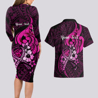 Personalised Polynesia Breast Cancer Awareness Couples Matching Long Sleeve Bodycon Dress and Hawaiian Shirt Think Pink Polynesian Ribbon Black Version LT14 - Polynesian Pride