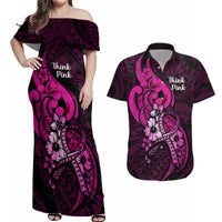Personalised Polynesia Breast Cancer Awareness Couples Matching Off Shoulder Maxi Dress and Hawaiian Shirt Think Pink Polynesian Ribbon Black Version LT14 Pink - Polynesian Pride