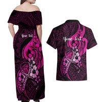 Personalised Polynesia Breast Cancer Awareness Couples Matching Off Shoulder Maxi Dress and Hawaiian Shirt Think Pink Polynesian Ribbon Black Version LT14 - Polynesian Pride