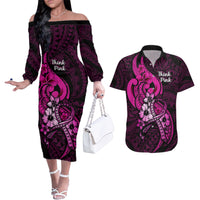 Personalised Polynesia Breast Cancer Awareness Couples Matching Off The Shoulder Long Sleeve Dress and Hawaiian Shirt Think Pink Polynesian Ribbon Black Version LT14 Pink - Polynesian Pride