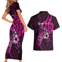 Personalised Polynesia Breast Cancer Awareness Couples Matching Short Sleeve Bodycon Dress and Hawaiian Shirt Think Pink Polynesian Ribbon Black Version LT14 - Polynesian Pride
