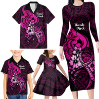 Personalised Polynesia Breast Cancer Awareness Family Matching Long Sleeve Bodycon Dress and Hawaiian Shirt Think Pink Polynesian Ribbon Black Version LT14 - Polynesian Pride