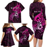 Personalised Polynesia Breast Cancer Awareness Family Matching Long Sleeve Bodycon Dress and Hawaiian Shirt Think Pink Polynesian Ribbon Black Version LT14 - Polynesian Pride