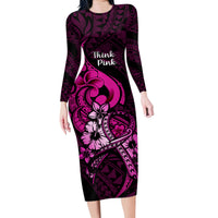 Personalised Polynesia Breast Cancer Awareness Family Matching Long Sleeve Bodycon Dress and Hawaiian Shirt Think Pink Polynesian Ribbon Black Version LT14 Mom's Dress Pink - Polynesian Pride
