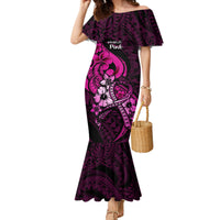 Personalised Polynesia Breast Cancer Awareness Family Matching Mermaid Dress and Hawaiian Shirt Think Pink Polynesian Ribbon Black Version LT14 Mom's Dress Pink - Polynesian Pride