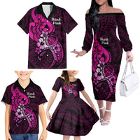 Personalised Polynesia Breast Cancer Awareness Family Matching Off Shoulder Long Sleeve Dress and Hawaiian Shirt Think Pink Polynesian Ribbon Black Version LT14 - Polynesian Pride