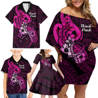 Personalised Polynesia Breast Cancer Awareness Family Matching Off Shoulder Short Dress and Hawaiian Shirt Think Pink Polynesian Ribbon Black Version LT14 - Polynesian Pride