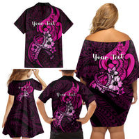 Personalised Polynesia Breast Cancer Awareness Family Matching Off Shoulder Short Dress and Hawaiian Shirt Think Pink Polynesian Ribbon Black Version LT14 - Polynesian Pride