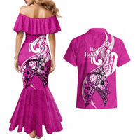 Polynesia Breast Cancer Awareness Couples Matching Mermaid Dress and Hawaiian Shirt Think Pink Polynesian Ribbon White Version LT14 - Polynesian Pride