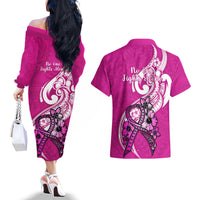 Polynesia Breast Cancer Awareness Couples Matching Off The Shoulder Long Sleeve Dress and Hawaiian Shirt Think Pink Polynesian Ribbon White Version LT14 - Polynesian Pride
