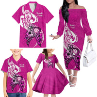 Polynesia Breast Cancer Awareness Family Matching Off Shoulder Long Sleeve Dress and Hawaiian Shirt Think Pink Polynesian Ribbon White Version LT14 - Polynesian Pride