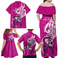 Polynesia Breast Cancer Awareness Family Matching Off Shoulder Long Sleeve Dress and Hawaiian Shirt Think Pink Polynesian Ribbon White Version LT14 - Polynesian Pride