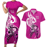 Personalised Polynesia Breast Cancer Awareness Couples Matching Short Sleeve Bodycon Dress and Hawaiian Shirt Think Pink Polynesian Ribbon White Version LT14 Pink - Polynesian Pride