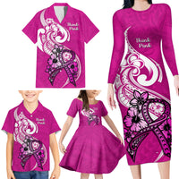 Personalised Polynesia Breast Cancer Awareness Family Matching Long Sleeve Bodycon Dress and Hawaiian Shirt Think Pink Polynesian Ribbon White Version LT14 - Polynesian Pride
