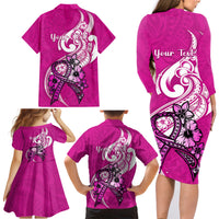Personalised Polynesia Breast Cancer Awareness Family Matching Long Sleeve Bodycon Dress and Hawaiian Shirt Think Pink Polynesian Ribbon White Version LT14 - Polynesian Pride