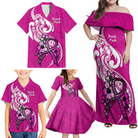 Personalised Polynesia Breast Cancer Awareness Family Matching Off Shoulder Maxi Dress and Hawaiian Shirt Think Pink Polynesian Ribbon White Version LT14 - Polynesian Pride