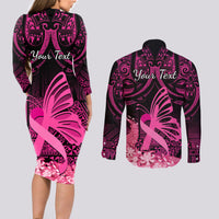 Presonalised Tonga Breast Cancer Awareness Couples Matching Long Sleeve Bodycon Dress and Long Sleeve Button Shirts Pink Ribbon Brave Strong Warrior Tongan Ngatu Pattern LT14 - Polynesian Pride