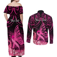 Presonalised Tonga Breast Cancer Awareness Couples Matching Off Shoulder Maxi Dress and Long Sleeve Button Shirts Pink Ribbon Brave Strong Warrior Tongan Ngatu Pattern LT14 - Polynesian Pride