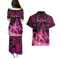 Presonalised Tonga Breast Cancer Awareness Couples Matching Puletasi Dress and Hawaiian Shirt Pink Ribbon Brave Strong Warrior Tongan Ngatu Pattern LT14 - Polynesian Pride