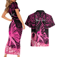 Presonalised Tonga Breast Cancer Awareness Couples Matching Short Sleeve Bodycon Dress and Hawaiian Shirt Pink Ribbon Brave Strong Warrior Tongan Ngatu Pattern LT14 - Polynesian Pride