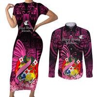 Presonalised Tonga Breast Cancer Awareness Couples Matching Short Sleeve Bodycon Dress and Long Sleeve Button Shirts Pink Ribbon Brave Strong Warrior Tongan Ngatu Pattern LT14 Pink - Polynesian Pride