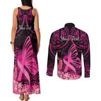 Presonalised Tonga Breast Cancer Awareness Couples Matching Tank Maxi Dress and Long Sleeve Button Shirts Pink Ribbon Brave Strong Warrior Tongan Ngatu Pattern LT14 - Polynesian Pride
