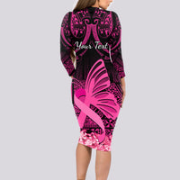 Presonalised Tonga Breast Cancer Awareness Long Sleeve Bodycon Dress Pink Ribbon Brave Strong Warrior Tongan Ngatu Pattern LT14 - Polynesian Pride