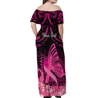 Presonalised Tonga Breast Cancer Awareness Off Shoulder Maxi Dress Pink Ribbon Brave Strong Warrior Tongan Ngatu Pattern LT14 - Polynesian Pride