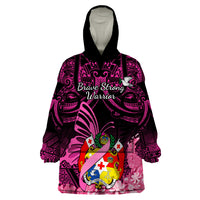 Presonalised Tonga Breast Cancer Awareness Wearable Blanket Hoodie Pink Ribbon Brave Strong Warrior Tongan Ngatu Pattern LT14 One Size Pink - Polynesian Pride