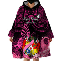 Presonalised Tonga Breast Cancer Awareness Wearable Blanket Hoodie Pink Ribbon Brave Strong Warrior Tongan Ngatu Pattern LT14 - Polynesian Pride