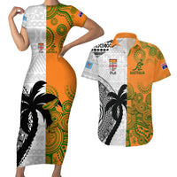 Fiji And Australia Rugby Couples Matching Short Sleeve Bodycon Dress and Hawaiian Shirt 2023 World Cup Aboriginal Mix Tapa Pattern LT14 Gold - Polynesian Pride