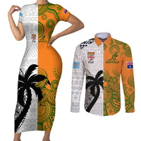 Fiji And Australia Rugby Couples Matching Short Sleeve Bodycon Dress and Long Sleeve Button Shirts 2023 World Cup Aboriginal Mix Tapa Pattern LT14 Gold - Polynesian Pride