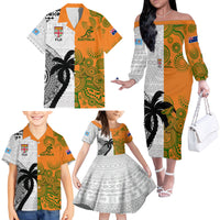 Fiji And Australia Rugby Family Matching Off Shoulder Long Sleeve Dress and Hawaiian Shirt 2023 World Cup Aboriginal Mix Tapa Pattern LT14 - Polynesian Pride