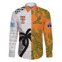 Fiji And Australia Rugby Family Matching Short Sleeve Bodycon Dress and Hawaiian Shirt 2023 World Cup Aboriginal Mix Tapa Pattern LT14 Dad's Shirt - Long Sleeve Gold - Polynesian Pride