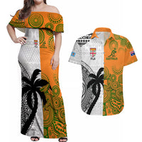 Custom Fiji And Australia Rugby Couples Matching Off Shoulder Maxi Dress and Hawaiian Shirt 2023 World Cup Aboriginal Mix Tapa Pattern LT14 Gold - Polynesian Pride