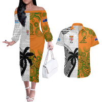 Custom Fiji And Australia Rugby Couples Matching Off The Shoulder Long Sleeve Dress and Hawaiian Shirt 2023 World Cup Aboriginal Mix Tapa Pattern LT14 Gold - Polynesian Pride