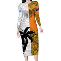 Custom Fiji And Australia Rugby Family Matching Long Sleeve Bodycon Dress and Hawaiian Shirt 2023 World Cup Aboriginal Mix Tapa Pattern LT14 Mom's Dress Gold - Polynesian Pride