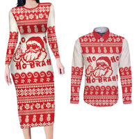 Red Mele Kalikimaka Hawaii Couples Matching Long Sleeve Bodycon Dress and Long Sleeve Button Shirt Funny Ho Ho Ho Santa Shaka LT14 Red - Polynesian Pride