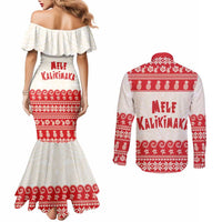 Red Mele Kalikimaka Hawaii Couples Matching Mermaid Dress and Long Sleeve Button Shirt Funny Ho Ho Ho Santa Shaka LT14 - Polynesian Pride