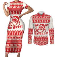 Red Mele Kalikimaka Hawaii Couples Matching Short Sleeve Bodycon Dress and Long Sleeve Button Shirt Funny Ho Ho Ho Santa Shaka LT14 Red - Polynesian Pride