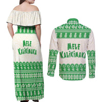 Green Mele Kalikimaka Hawaii Couples Matching Off Shoulder Maxi Dress and Long Sleeve Button Shirt Funny Ho Ho Ho Santa Shaka LT14 - Polynesian Pride
