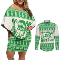 Green Mele Kalikimaka Hawaii Couples Matching Off Shoulder Short Dress and Long Sleeve Button Shirt Funny Ho Ho Ho Santa Shaka LT14 Green - Polynesian Pride