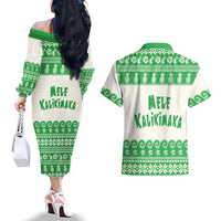 Green Mele Kalikimaka Hawaii Couples Matching Off The Shoulder Long Sleeve Dress and Hawaiian Shirt Funny Ho Ho Ho Santa Shaka LT14 - Polynesian Pride
