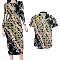 Black Palaka Hawaii Leis Couples Matching Long Sleeve Bodycon Dress and Hawaiian Shirt Hawaiian-plaid Elegant Tropical Vibes LT14 Black - Polynesian Pride