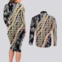 Black Palaka Hawaii Leis Couples Matching Long Sleeve Bodycon Dress and Long Sleeve Button Shirt Hawaiian-plaid Elegant Tropical Vibes LT14 - Polynesian Pride