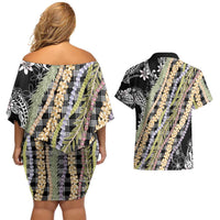 Black Palaka Hawaii Leis Couples Matching Off Shoulder Short Dress and Hawaiian Shirt Hawaiian-plaid Elegant Tropical Vibes LT14 - Polynesian Pride