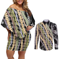 Black Palaka Hawaii Leis Couples Matching Off Shoulder Short Dress and Long Sleeve Button Shirt Hawaiian-plaid Elegant Tropical Vibes LT14 Black - Polynesian Pride