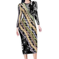 Black Palaka Hawaii Leis Family Matching Long Sleeve Bodycon Dress and Hawaiian Shirt Hawaiian-plaid Elegant Tropical Vibes LT14 Mom's Dress Black - Polynesian Pride