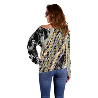 Black Palaka Hawaii Leis Off Shoulder Sweater Hawaiian-plaid Elegant Tropical Vibes - Polynesian Pride